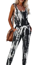 Saslax Womens Tie Dye Jumpsuits Casual Round Neck Elastic Drawstring Waist Beam 