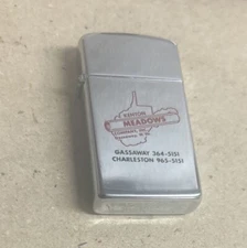 Vintage 1968 Zippo Slim lighter Kenton Meadows W. Va. Paving Co Unfired W/box