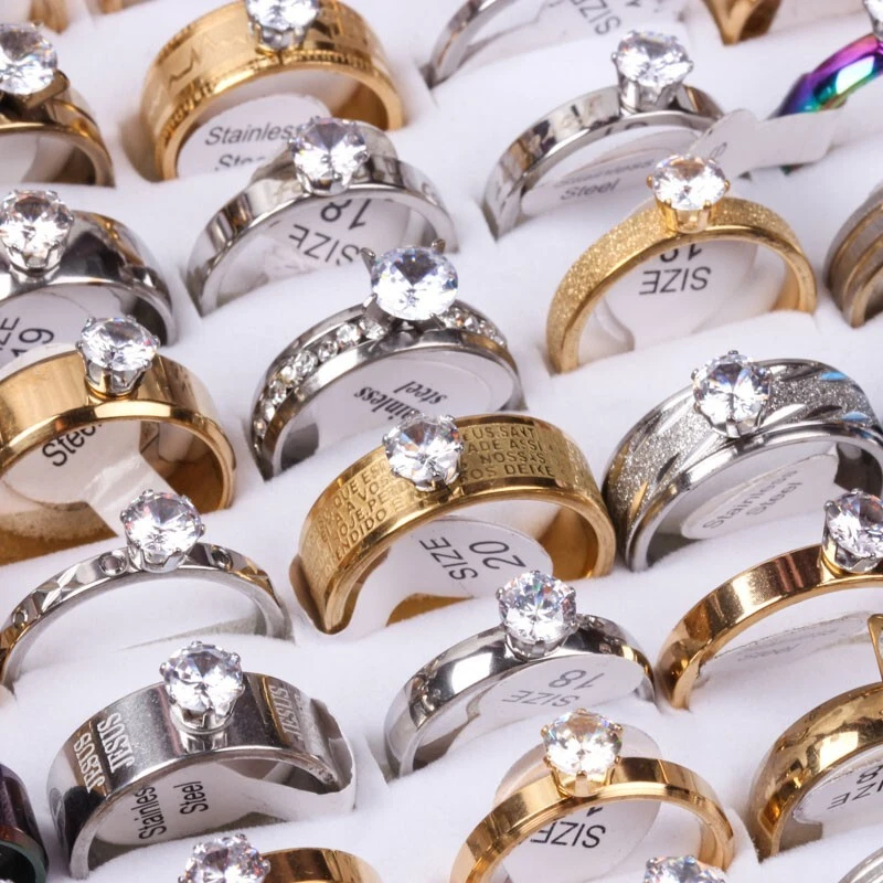 100pcs/box wholesale Gold CZ Zircon Stainless Steel women gift Wedding Band Ring - Image 3 of 4