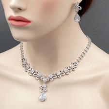 White Gold Plated Zirconia CZ Necklace Earrings Bridal Wedding Jewelry Set 06426
