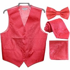 New Men's Paisley Tuxedo Vest Waistcoat 2.5" necktie Bow tie Hankie Coral
