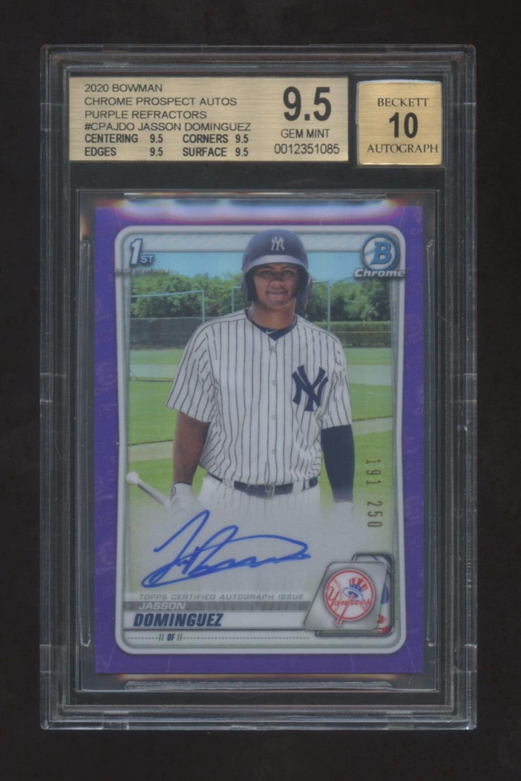 BGS 9.5 *10* JASSON DOMINGUEZ 2020 BOWMAN CHROME RC AUTOGRAPH PURPLE REF 193/250