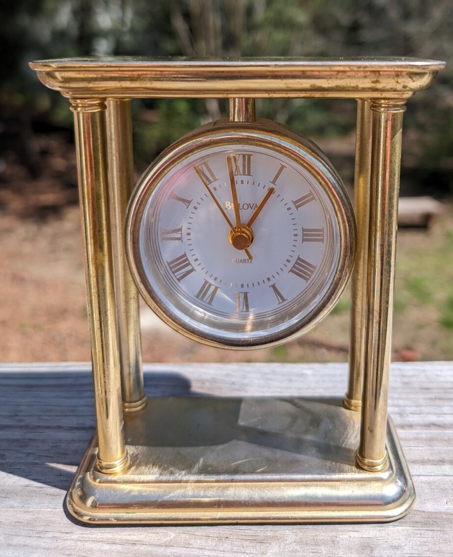 BULOVA　ブローバ　ミニチュア　置き時計　アンティーク　B0503　希少 Bulova, #B1435, Quartz, Brass Mantel / Desk Clock Works Great