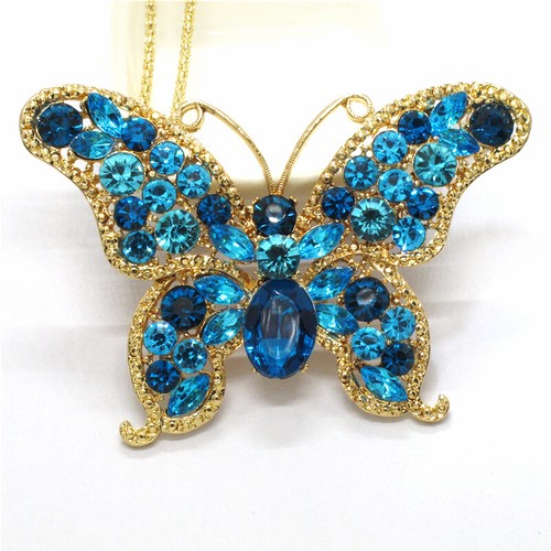 New Fashion Gorgeous Blue Crystal Butterfly Chain Women Sweater Lady Necklace - Picture 2 of 4