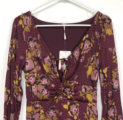 Free People Dress Morning Light Mini Purple Floral Smocked Keyhole Size 4 - Picture 8 of 12