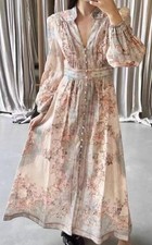 Chinese Style Women Long Sleeve Floral Print Beach Party Summer Long Dress