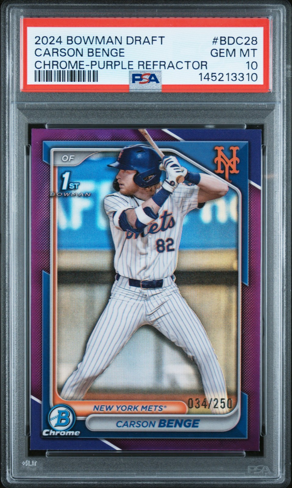 2024 BOWMAN DRAFT CHROME-PURPLE REFRACTOR #BDC28 CARSON BENGE 34/250 PSA 10