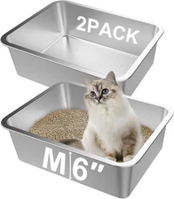 Lawei 2PCS Stainless Steel Cat Litter Box, Medium Metal Medium, Silver 