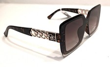 Women square oversize sunglasses dark tortoise frame gold tone chain temple gift