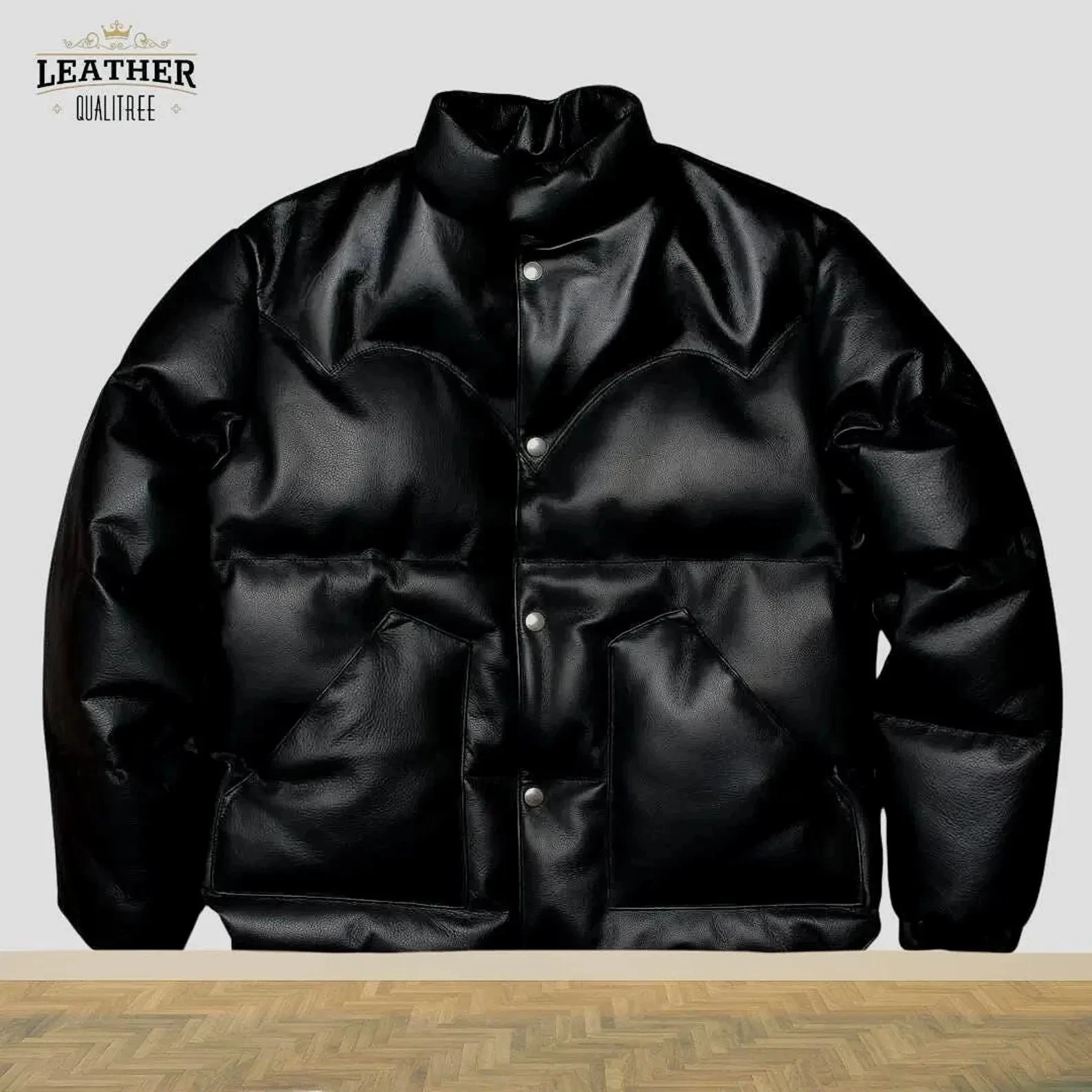 Men's Black Leather Puffer Jacket Genuine Lambskin Leather Quilted Padded Jacket
