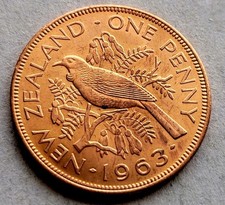 GOOD CONDITION 1963 New Zealand Tui Bird One Penny 1c Bronze Coin  Uncirculated