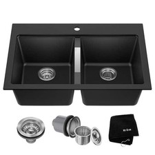 KRAUS Quarza 33" Black Onyx Double Bowl Granite Kitchen Sink Drop-In Mount