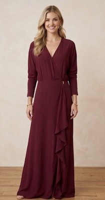 House  of Dagmar Burgundy Asymmetrical Silk Whimsical Wrap Maxi Dress