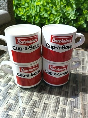 4er Set 80er Jahre Batchelors Cup-A-Soup kultige Keramiktassen rot & weiß Motiv