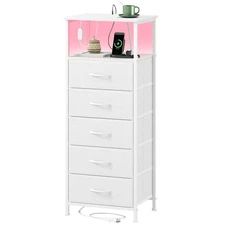 White Nightstand with Charging Station and Light for Bedroom, Tall 5 Drawers ...