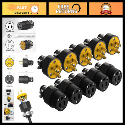 NEMA 5-15P & 5-15R Plug Connector Set, Black, 5 Pack - Heavy Duty Electrical Con