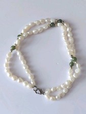 White Freshwater Pearl Green Gemstone Necklace-Matching Bracelet- Fits 7.5 In