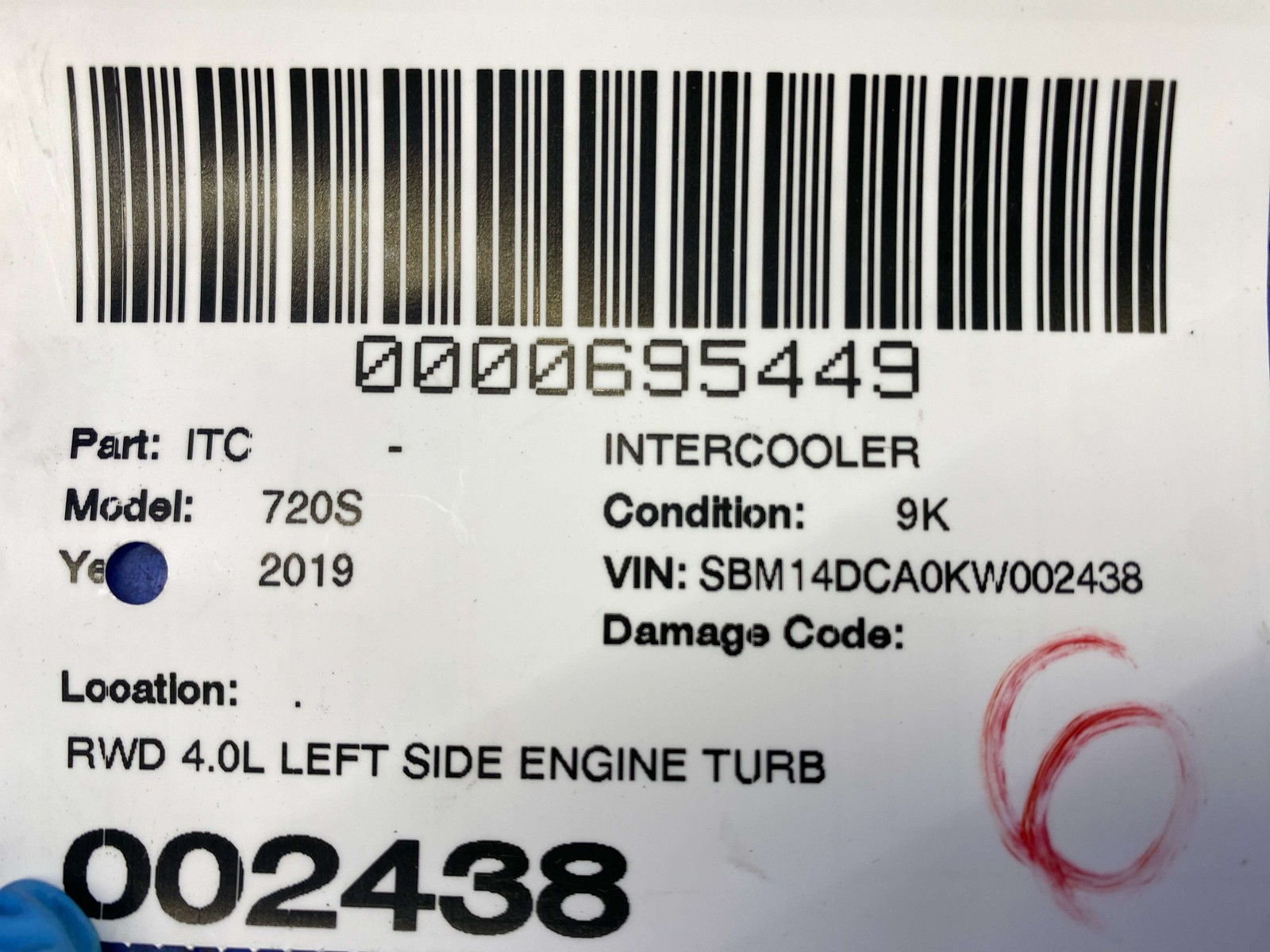 2018-2023 MCLAREN 720S RWD 4.0L LEFT SIDE ENGINE TURBO INTERCOOLER 14F0657CP OEM