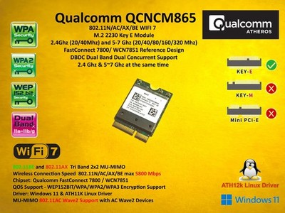 Qualcomm FastConnect 7800 802.11BE Wlan WIFI 7 BE6500 M.2 QCNCM865