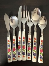 VTG Floral Flatware Silverware Set Stainless Pink Purple Flowers Cottagecore x8