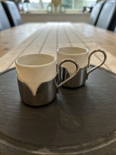 Vintage IPA White Porcelain Espresso Cups. Stainless Steel Holders Set of 2