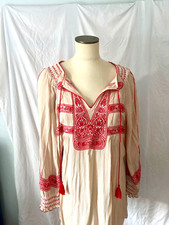 Free People L Large From India Off-White with Red Embroidery Peasant Tunic Dress