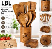 Acacia Wood Kitchen Utensil Set 9pc with Holder & Spoon Rest