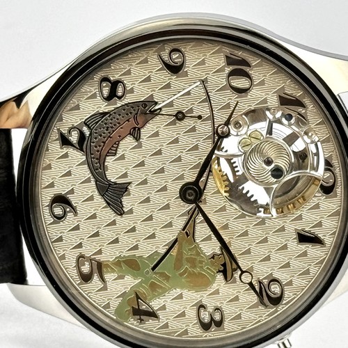 Open Heart Watch Wristwatch Handmade Vintage Movement Custom Silver Dial Fishing - Picture 15 of 20