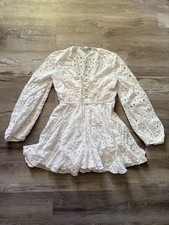 ZARA White Eyelet Lace Mini Dress Long Sleeve V-Neck XS