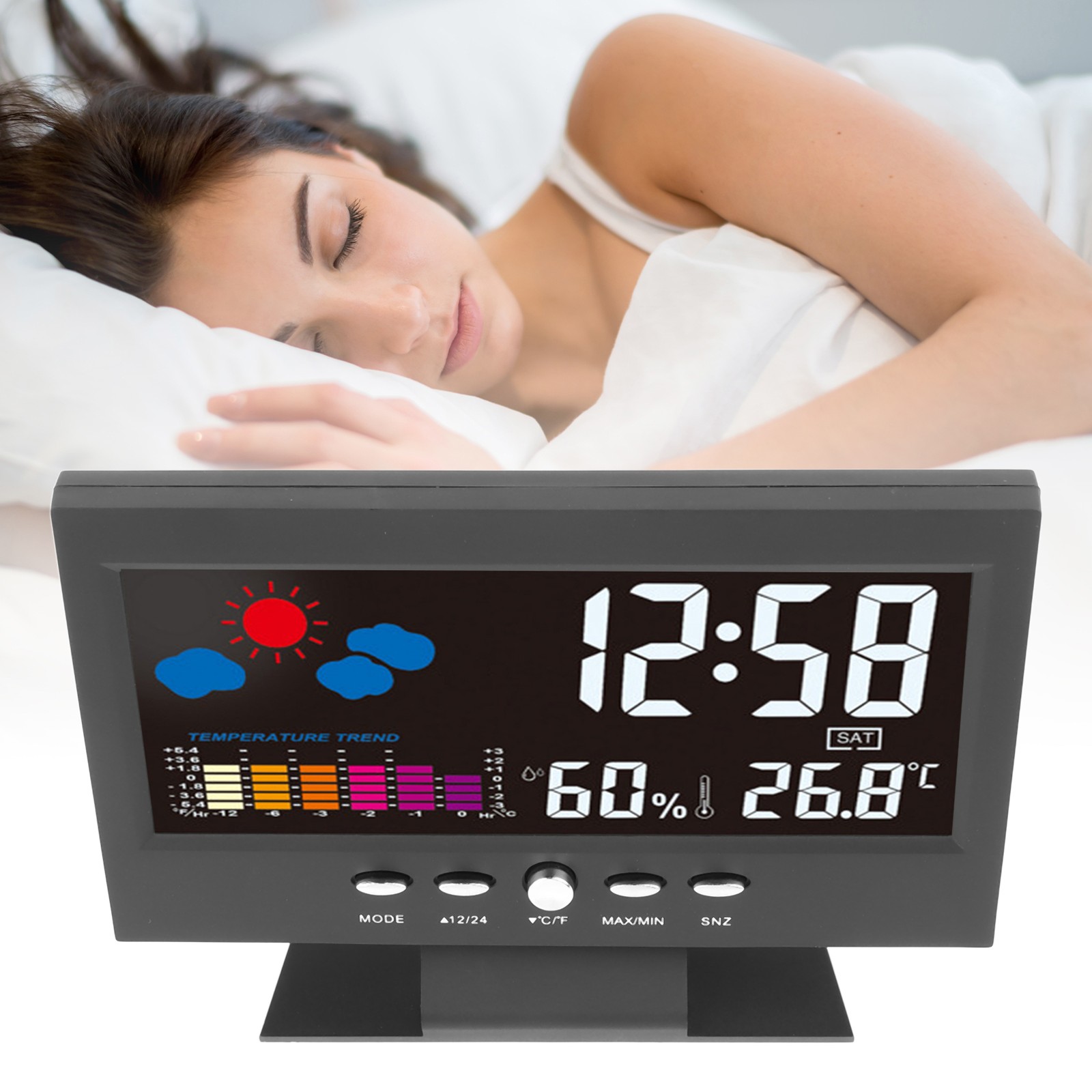 Electronic Alarm Clock Black Colorful Display Humidity Temperature Detect Sound.