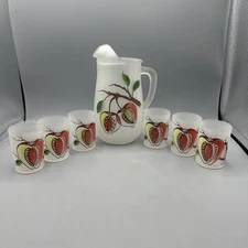 Vintage Gay Fad Hazel Atlas Frosted Pitcher Glass Set Stone Fruit Hand-Painted