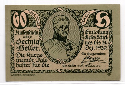 1920 Austria Kassenschein Notgeld 60 Heller Note (NG1346)