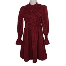 Shein Red Black Plaid Smocked A-line Dress Women Size S High Neck Long Sleeve 