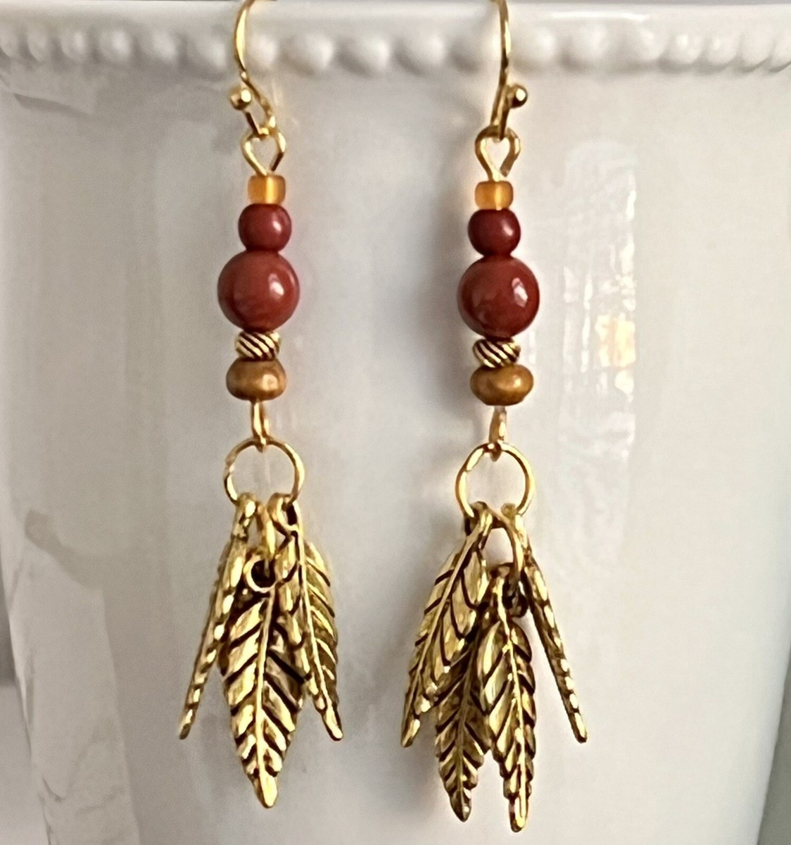 Gold Leaves Burnt Orange Stone Bead Nature Boho Fall
