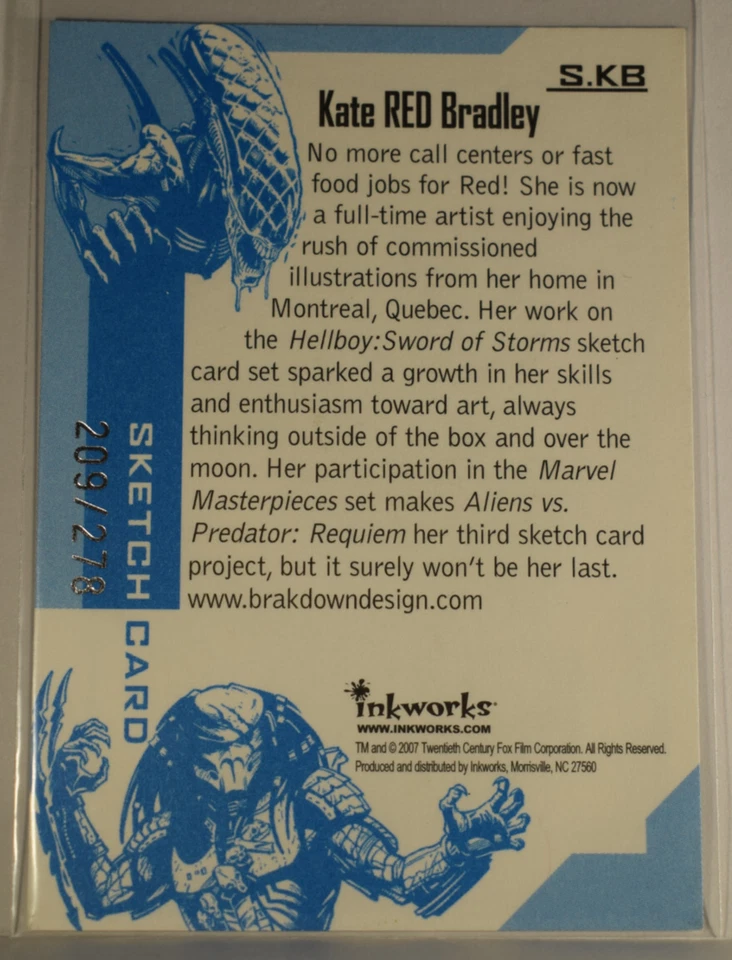 Aliens vs Predator Requiem AVP Inkworks Sketch S.KB Kate "Red" Bradley #209/278 - Image 3 of 4