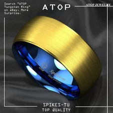 8mm Dome Brushed Blue Gold Tungsten Ring Men Wedding Band Bridal ATOP Jewelry