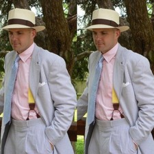 Men's Blue Seersucker Suits Casual Summer Beach Wedding Groom Tuxedos 2 Pieces