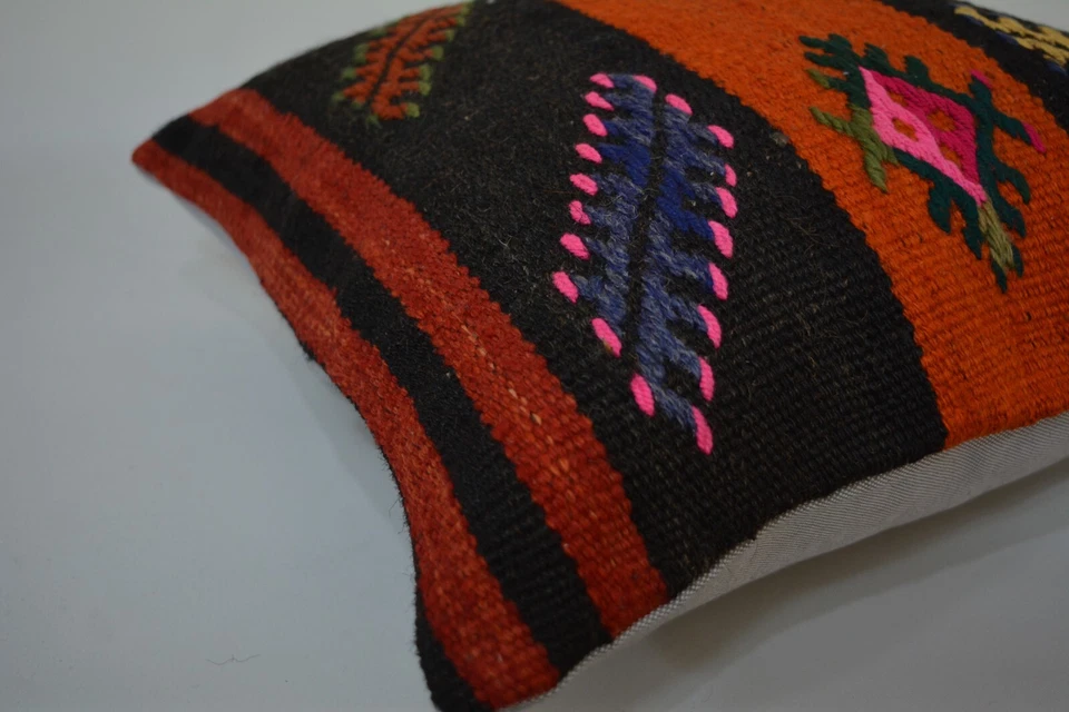 Traditional Hand Knotted Kilim Pillow, 16x16in, Antique Multicolor Retro Pillow - Image 2 of 4
