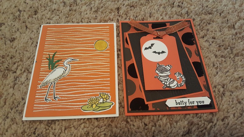 2 Handmade Stampin Up Cards Sparkly Lily Pad Lake Heron and Halloween Cat