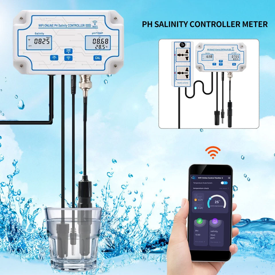WIFI PH Salinity Controller Meter Aquarium Tank Seawater Salt Tester Monitor Kit - Image 3 of 4