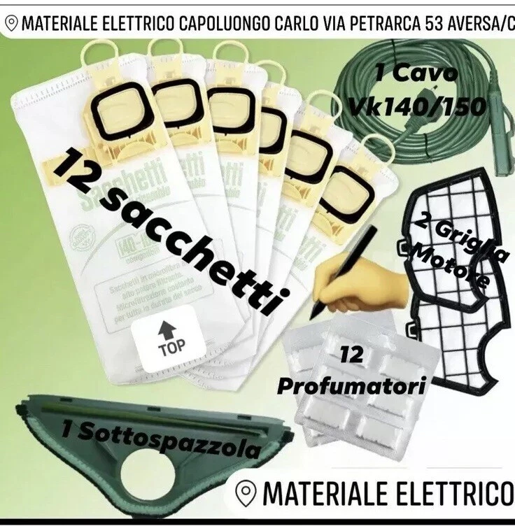 COMPATIBILE VORWERK FOLLETTO KOBOLD SACCHETTI FOLLETTO VK 140 150 12PZ+12 PROFUMI+2 FILTRI + SPAZZOLA + CAVO VORWERK