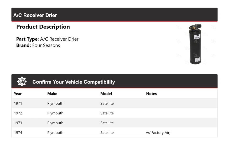 Receptor de aire acondicionado satélite Plymouth 1971-1974 secador 4 estaciones 1972 1973 Foto 2 de 4