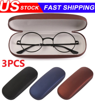 NEW Clam Shell Hard Eyeglasses PU Glasses Case Black w/Microfiber Cleaning Cloth