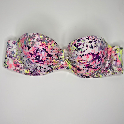 Victoria Secret Push Up Bikini Top Size 34B White w/ Multicolor Splatter Design