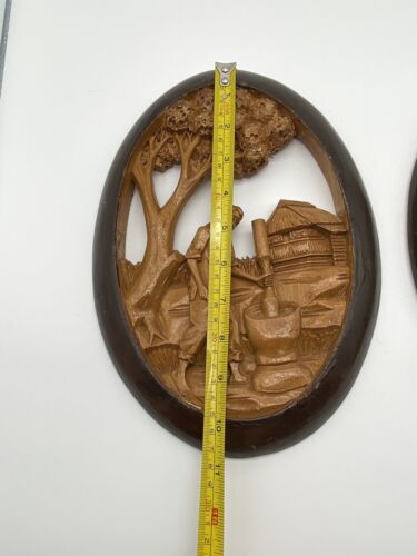 Southeast Asia Wood Art Plaques Village Scene Daily life Oval Pair/Set Vintage - Picture 2 of 19