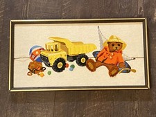Framed Nursery Wall Decor Crewel Embroidery Teddy Bear Dump Truck Textured 1970s