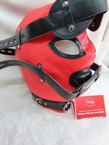 Bondage hood faux LEATHER Red & Black, Lockable 3 padlocks, BDSM, Gimp, SM Slave - Picture 5 of 8