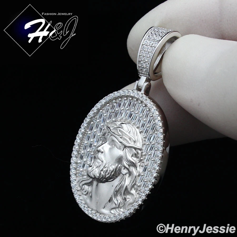 HOMBRE 925 PLATA ESTERLINA ICY BLING BAGUETTE CIRCONITA 3D CARA DE JESÚS COLGANTE OVALADO*SP385 Foto 2 de 4