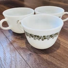 3 Vintage Pyrex Milk Glass green floral Cups Retro Spring Blossom Crazy Daisy