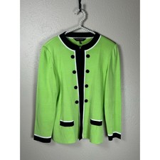 Ming Wang Cardigan Blazer Size Medium Preppy Green Black Knit Jacket TINY FLAW
